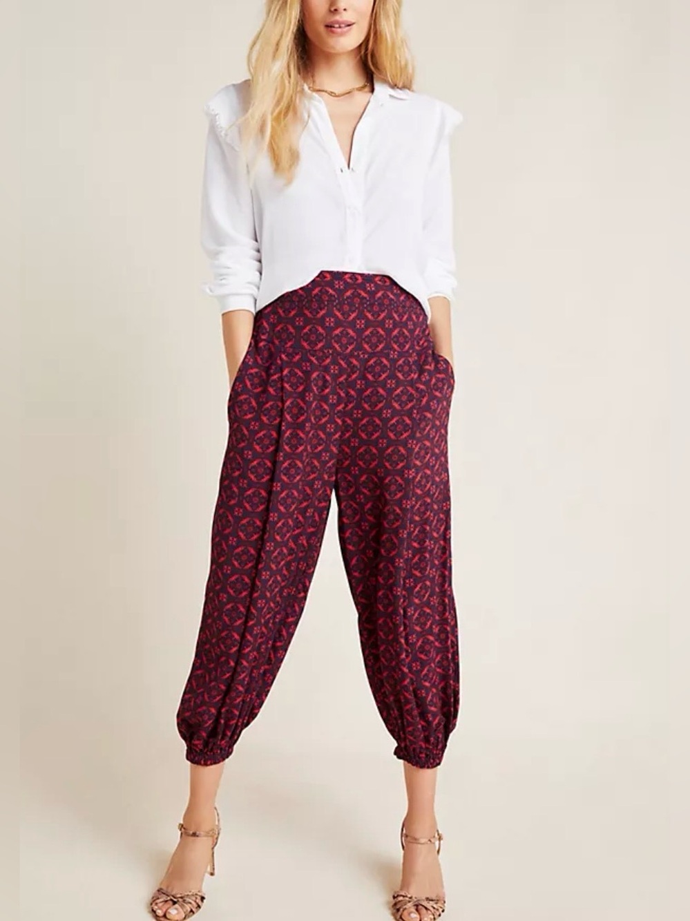 Anthropologie Burgundy & Dark Navy Printed Harem Pants